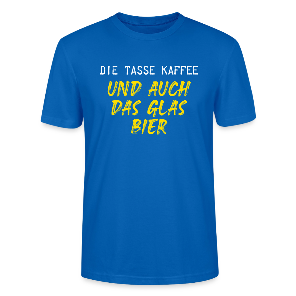 Unisex Sprüche T-Shirt 'Die Tasse Kaffee und auch das Glas Bier' - Pfauenblau