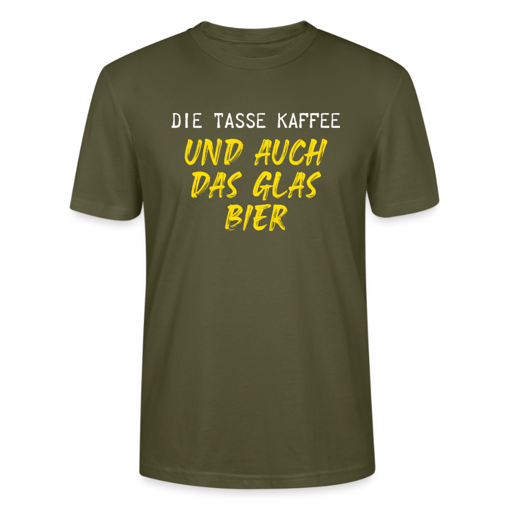 Unisex Sprüche T-Shirt 'Die Tasse Kaffee und auch das Glas Bier' - Khaki