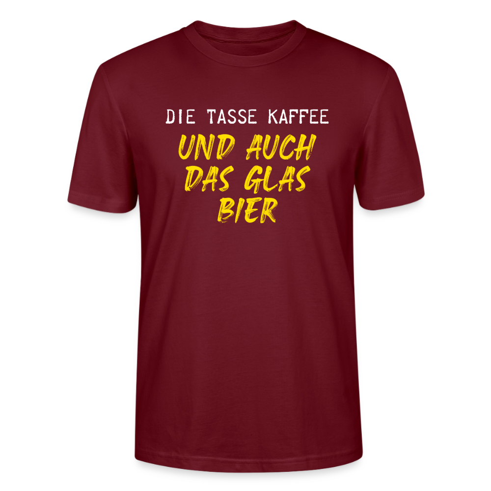Unisex Sprüche T-Shirt 'Die Tasse Kaffee und auch das Glas Bier' - Burgunderrot