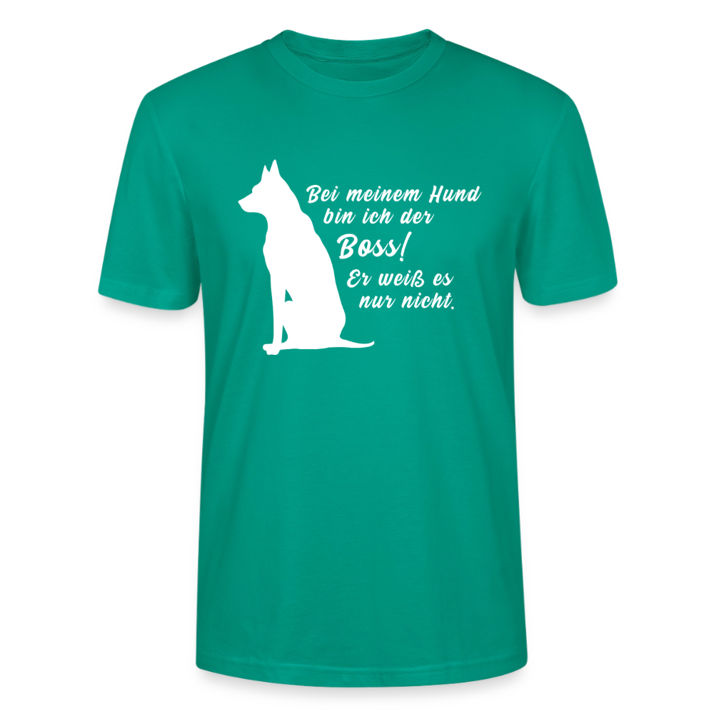 Unisex Sprüche T-Shirt 'Bei meinem Hund bin ich der Boss! Er weiß es nur nicht.' - Blaugrün