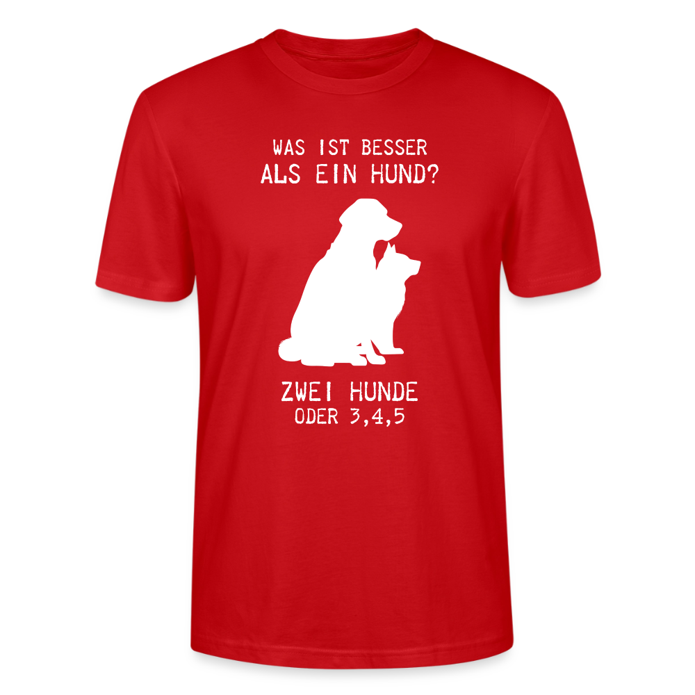 Unisex Sprüche T-Shirt 'Was ist besser als ein Hund? Zwei Hunde oder 3,4,5' - Rot