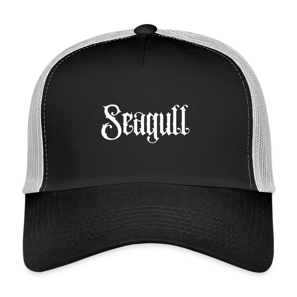 Rostock 'SEAGULL' Trucker Cap mit weißem Print - Schwarz/Steingrau