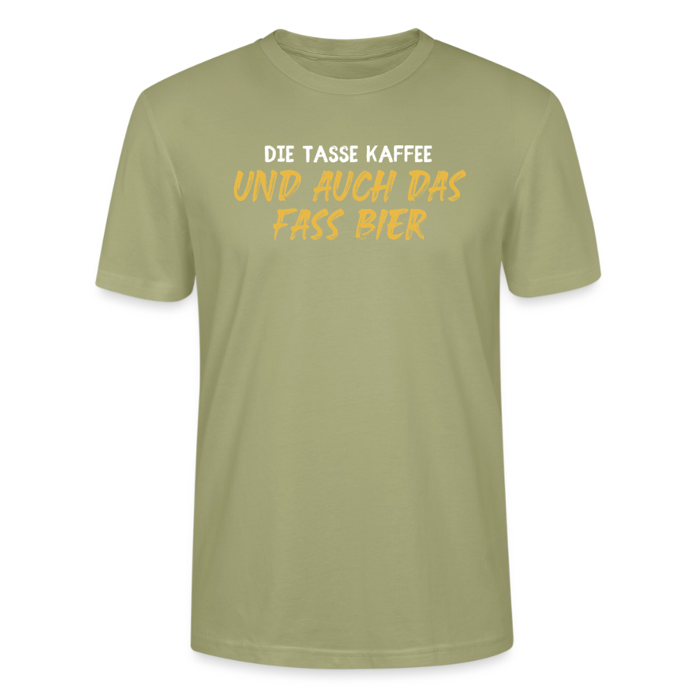 Unisex Sprüche T-Shirt 'Die Tasse Kaffee und auch das Fass Bier' - Nebelgrün