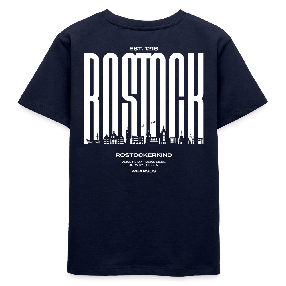 Rostock 'Rostockerkind' Bio T-Shirt Kinder 9-13 Jahre Back Print Farbe - Navy