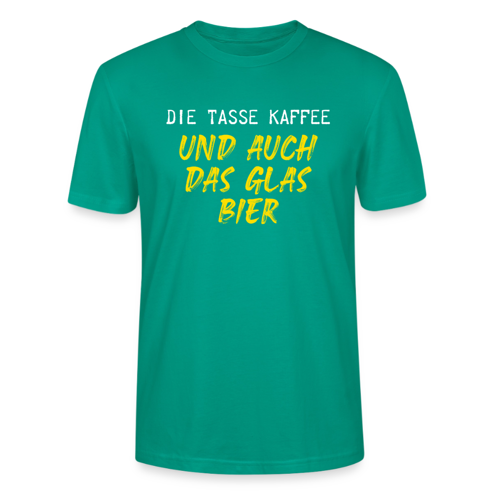 Unisex Sprüche T-Shirt 'Die Tasse Kaffee und auch das Glas Bier' - Blaugrün