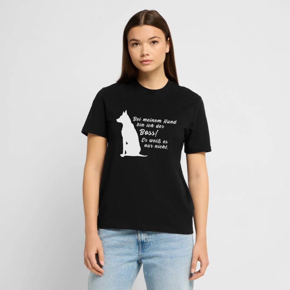 Unisex Sprüche T-Shirt 'Bei meinem Hund bin ich der Boss! Er weiß es nur nicht.' - Schwarz