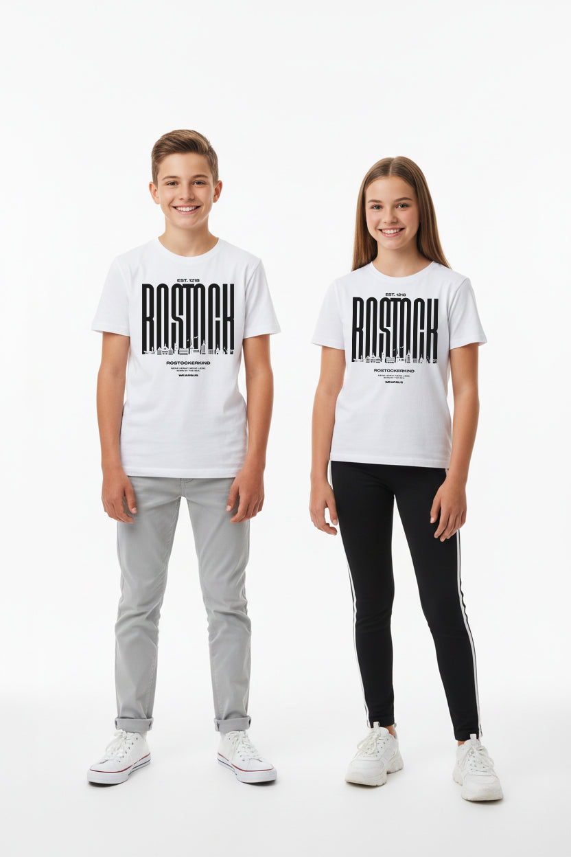 Rostock 'Rostockerkind' Bio T-Shirt Kinder 9-13 Jahre Frontprint weiß